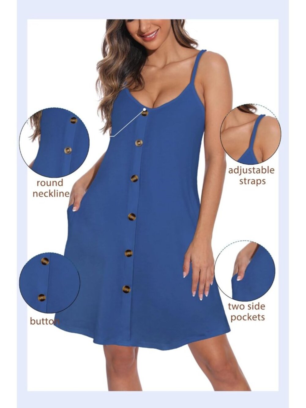 Women's Blue Summer Dresses Spaghetti Strap Button Down V Neck Sundress Beach - Picture 6 of 7